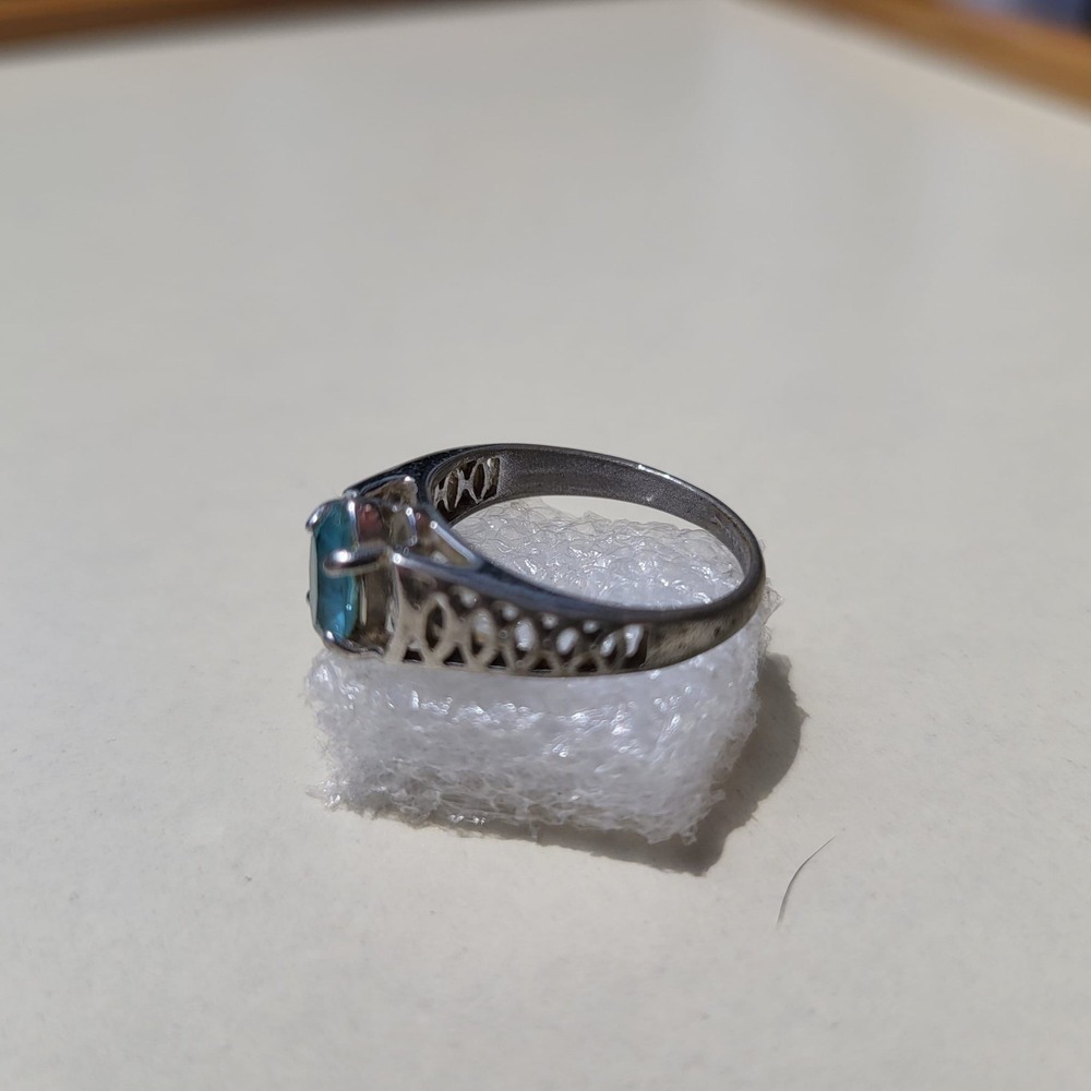 Vintage Marquise Blue Stone Ring Size 7.75 Silver Tone Filigree Detail - Picture 10 of 12